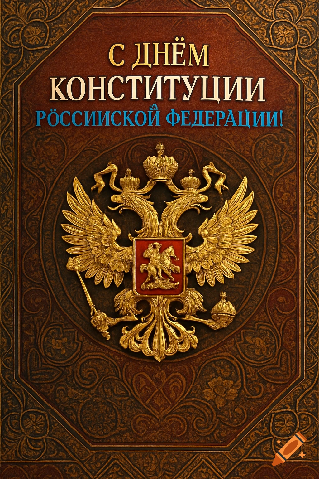 Ornate greeting card for Russian Constitution Day with the golden double-headed eagle coat of arms and Cyrillic text.
