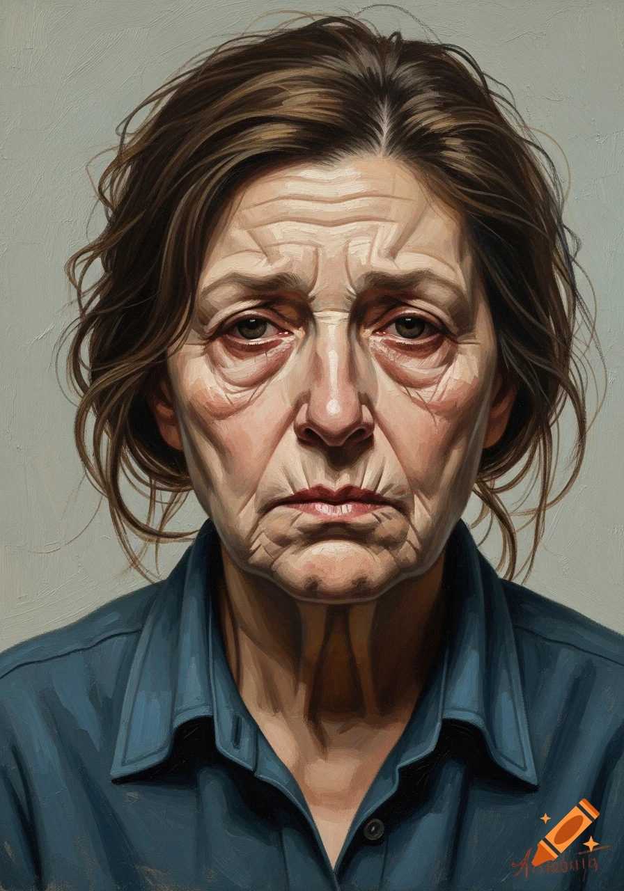 A painted portrait of an older woman with a sad, heavily wrinkled face, looking directly forward in a blue shirt.