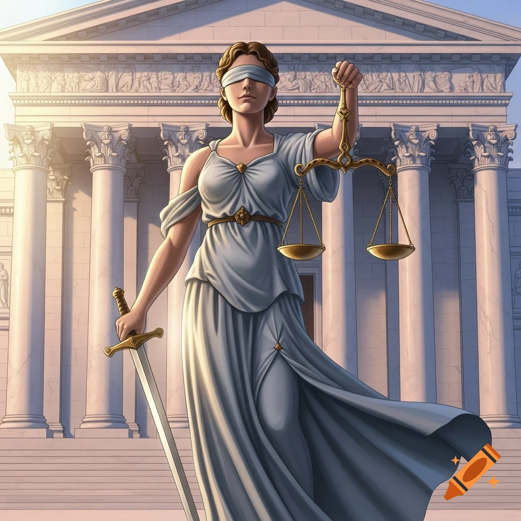 A blindfolded Lady Justice stands holding a sword and balanced scales in front of a grand classical building.
