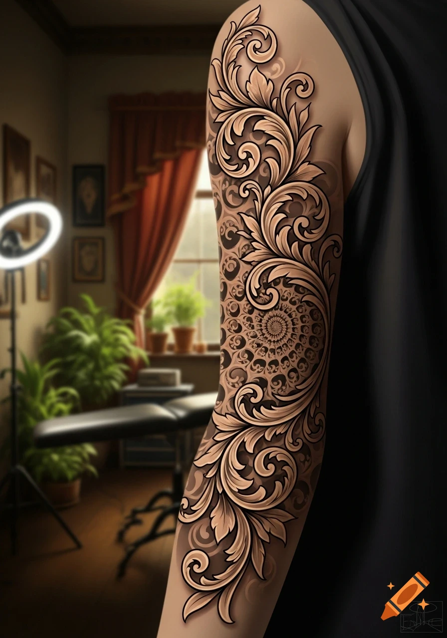 A close-up of an arm with a detailed full sleeve tattoo featuring intricate Florentine and fractal scrollwork, set in a blurred tattoo studio background.