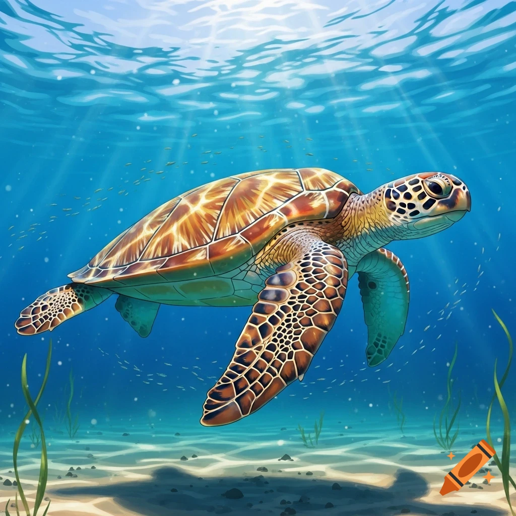 A detailed illustration of a sea turtle swimming gracefully in clear blue ocean water with sunlight rays and a sandy seabed.