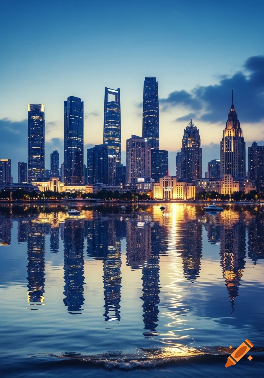 Photorealistic cityscape at dusk, featuring a skyline of modern buildings and older structures brightly lit and reflected in calm water.