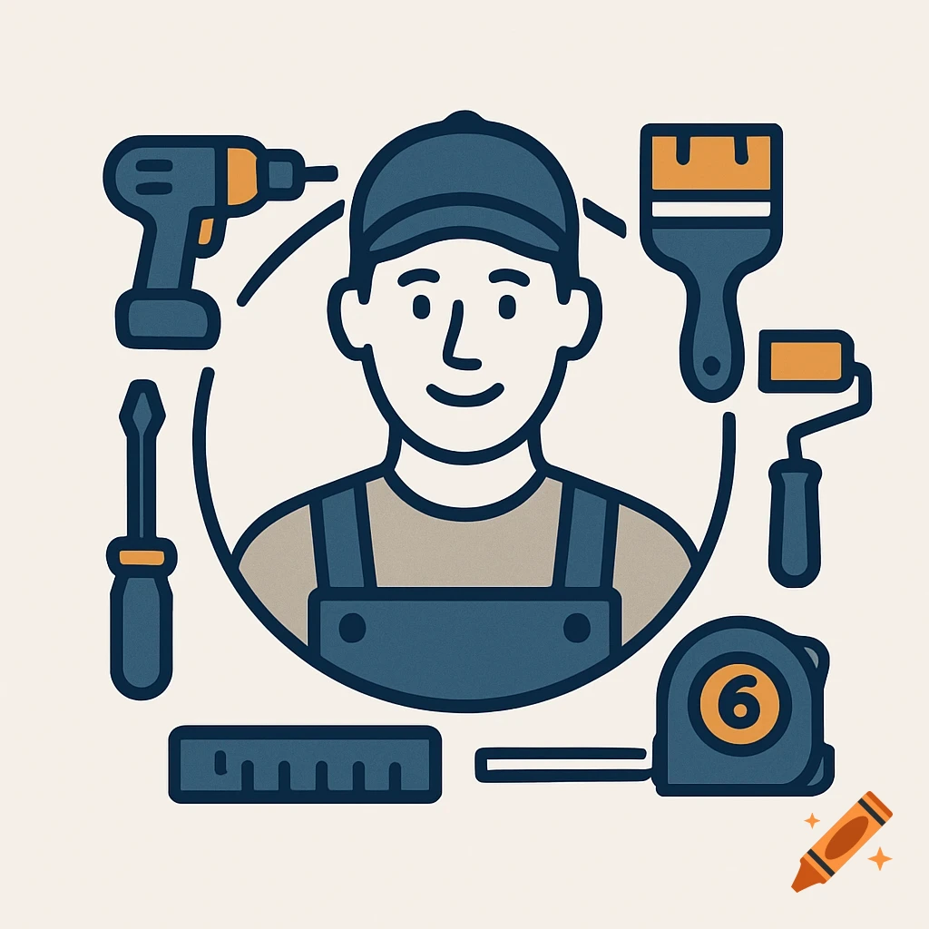 A minimalist vector logo of a smiling craftsman in a cap and overalls, surrounded by a drill, screwdriver, paintbrush, roller, ruler, and tape measure. Flat design.