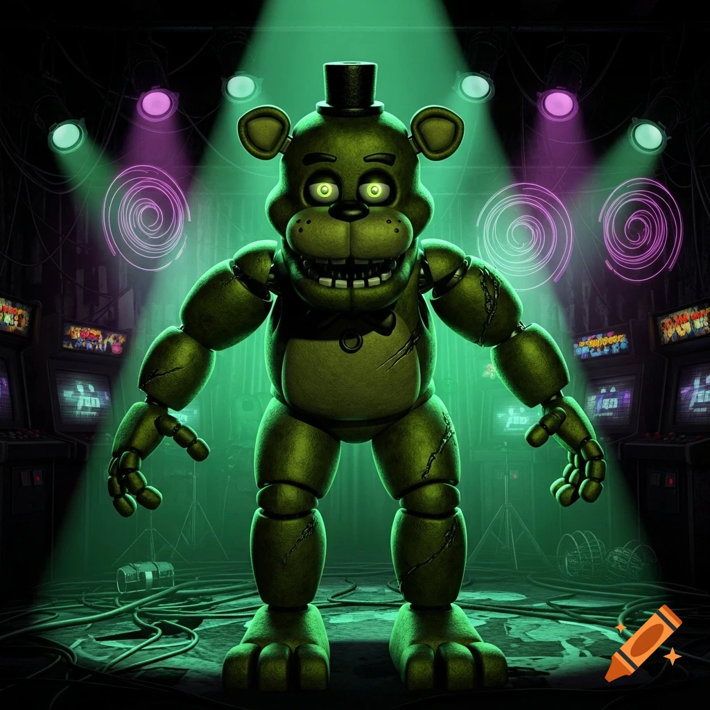 A creepy green animatronic bear with a top hat and glowing eyes stands on a dark stage with arcade machines and wires, illuminated by green and purple spotlights.