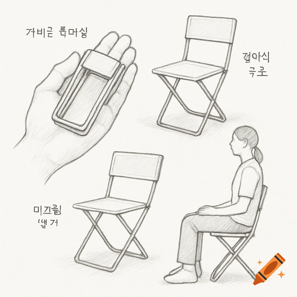 A hand-drawn sketch showing three views of a portable folding mini chair. One view shows it folded in a hand, another shows it unfolded, and a third shows a person sitting on it.