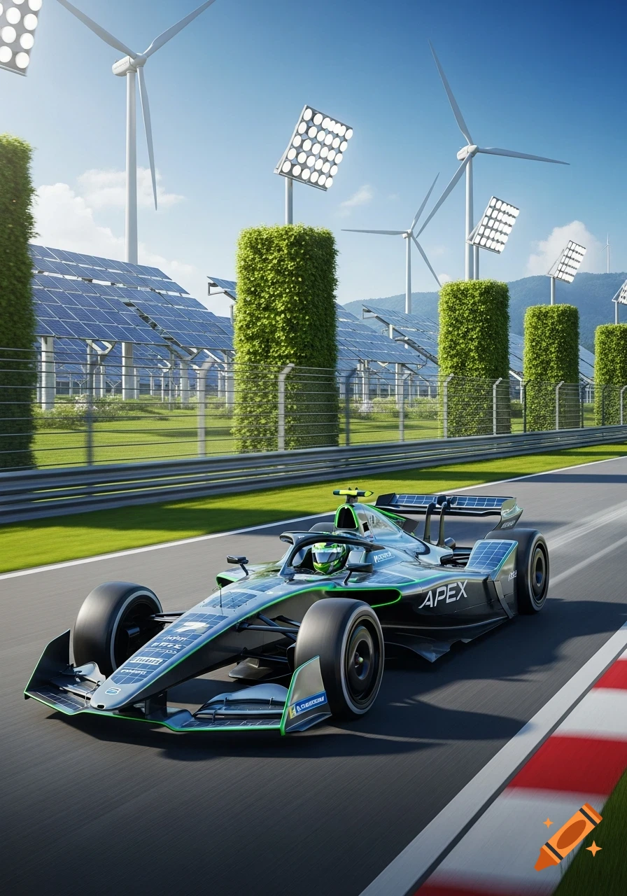 A sleek black and green race car, featuring solar panels, speeds on a track with wind turbines and solar farms in the background.