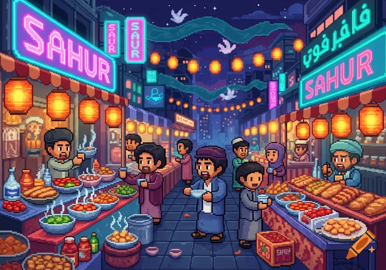 Pixel art scene of a lively night market with food stalls, glowing lanterns, and people enjoying the Sahur meal during Ramadan.