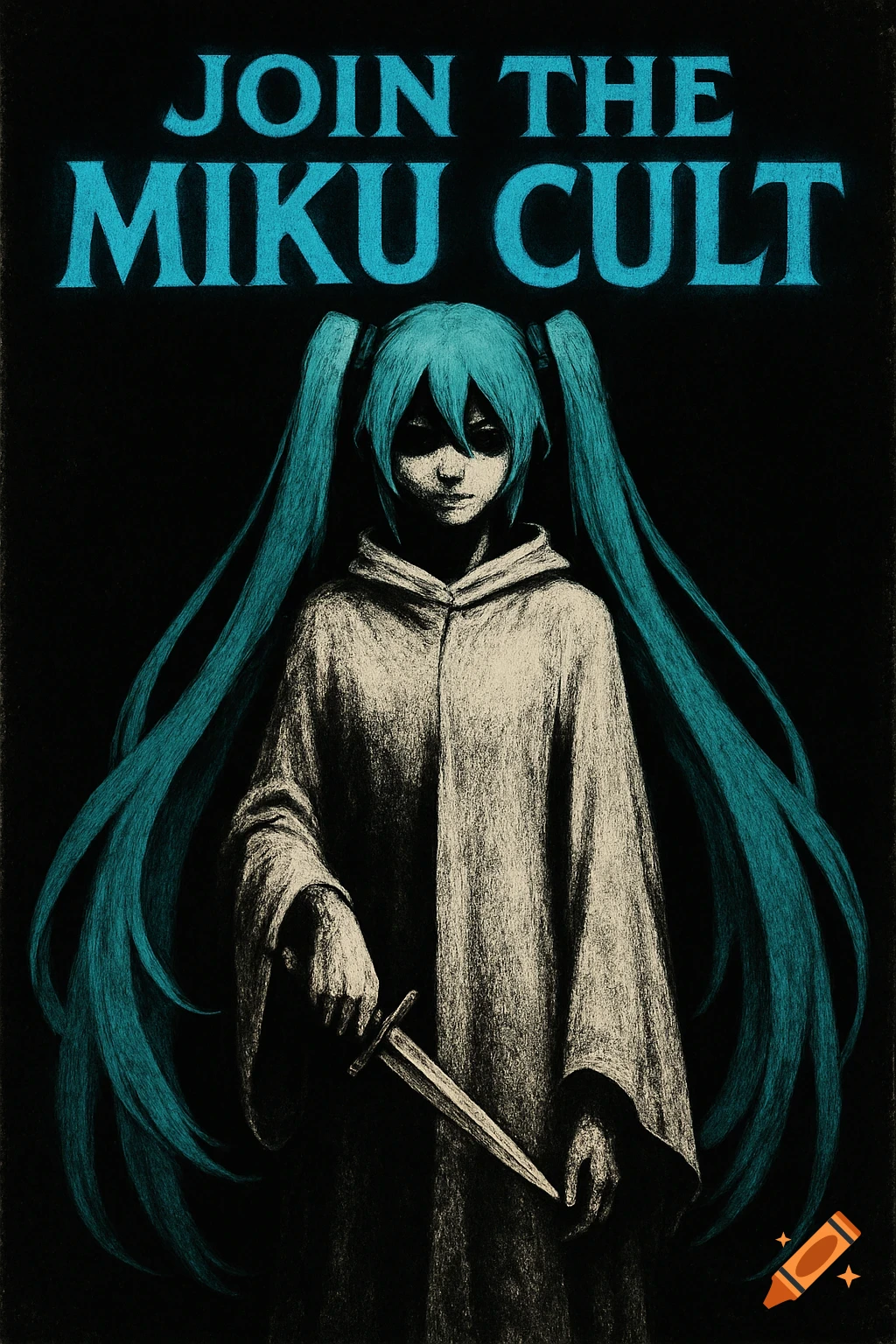 Stylized poster of Hatsune Miku in a white cloak, holding a dagger, against a black background. Blue text reads Join the Miku Cult.