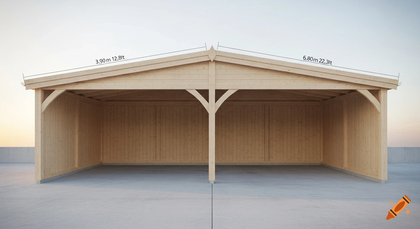 A realistic render of a light wood carport with dimensions 3.90m by 6.80m, on a concrete slab under natural light.