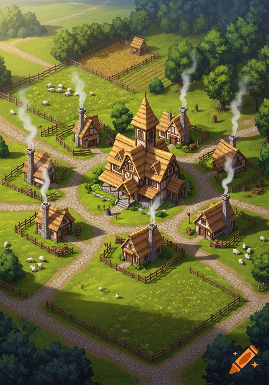 Birds-eye view of a medieval fantasy hamlet with a large inn surrounded by six smaller homes, sheep grazing in green fields, and forests.