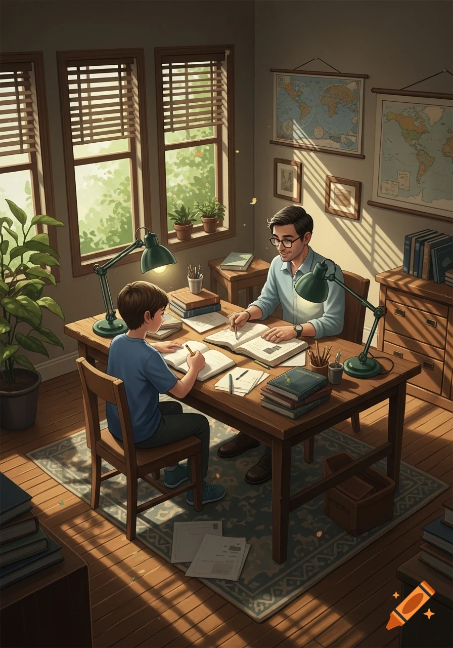 A man and a boy sit at a wooden desk, studying with books and lamps, illuminated by sunlight from nearby windows.