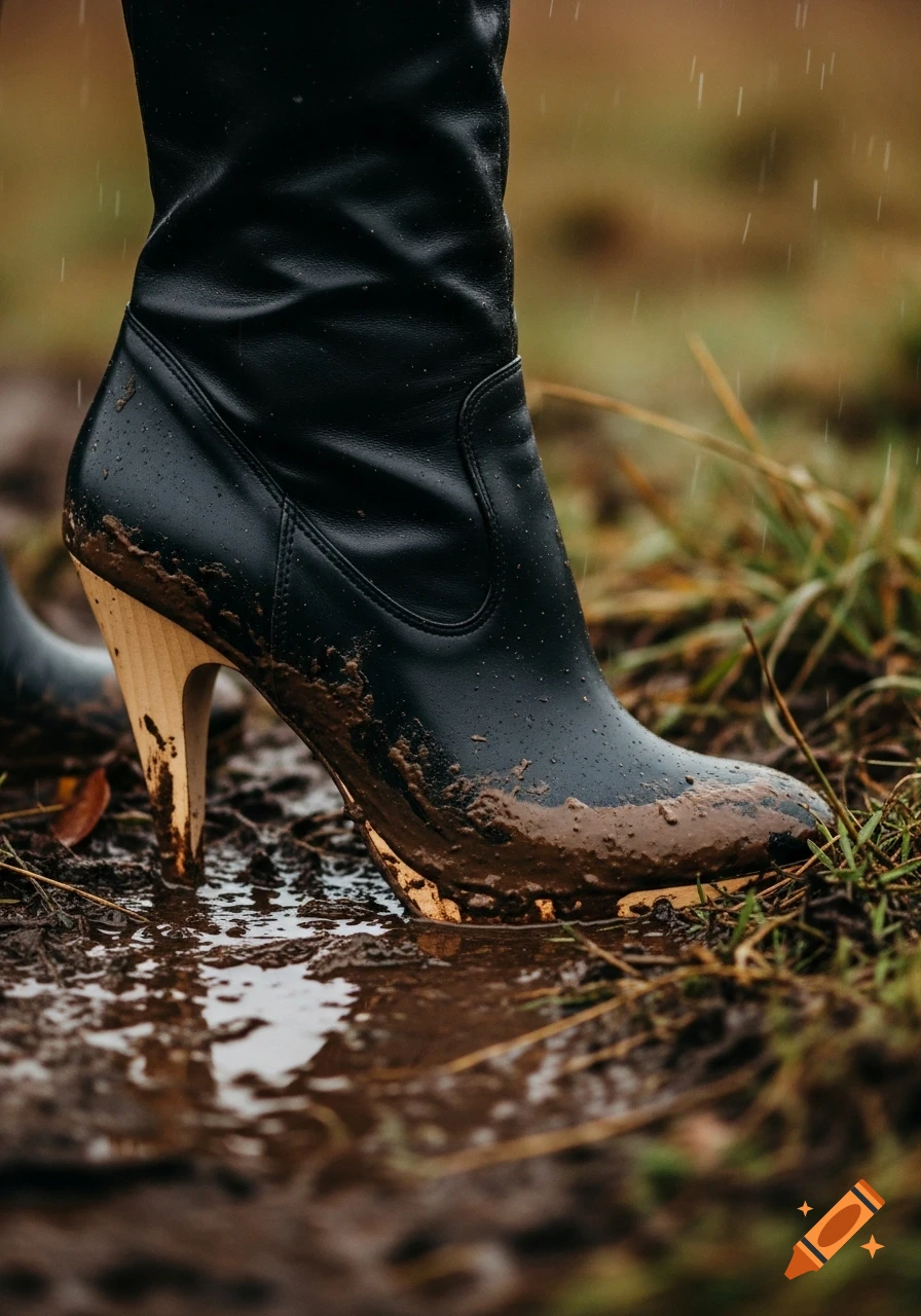 A close-up, photorealistic shot of a muddy black high-heeled boot with a light wooden heel standing in a puddle.