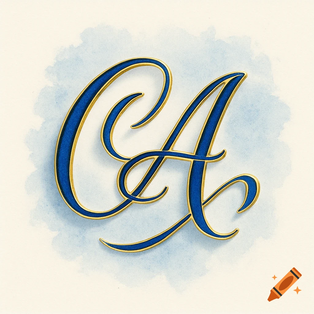 Blue and gold intertwined calligraphy of the initials C and A on a soft blue watercolor background.