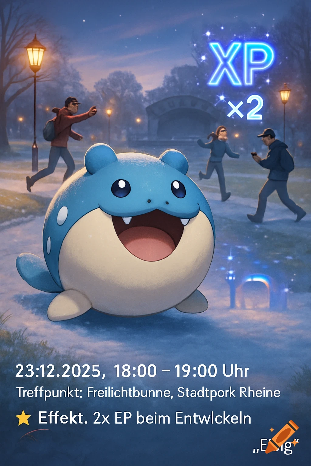 A cheerful blue and white Pokémon, Spheal, in a snowy park at night, with people playing a game in the background and glowing "XP x2" text. Event details are overlaid.
