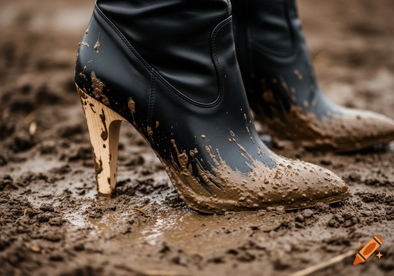 Close-up of black high-heeled boots with wooden heels, splattered with thick brown mud, standing in a muddy puddle.