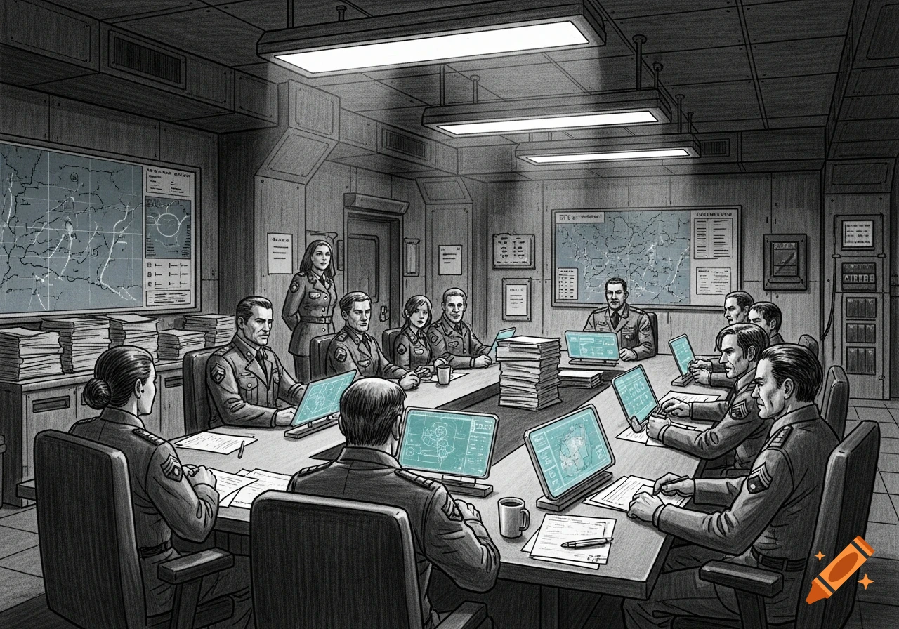 Pencil art comic panel of military personnel in uniform having a briefing in a dark room with maps and glowing computer screens.