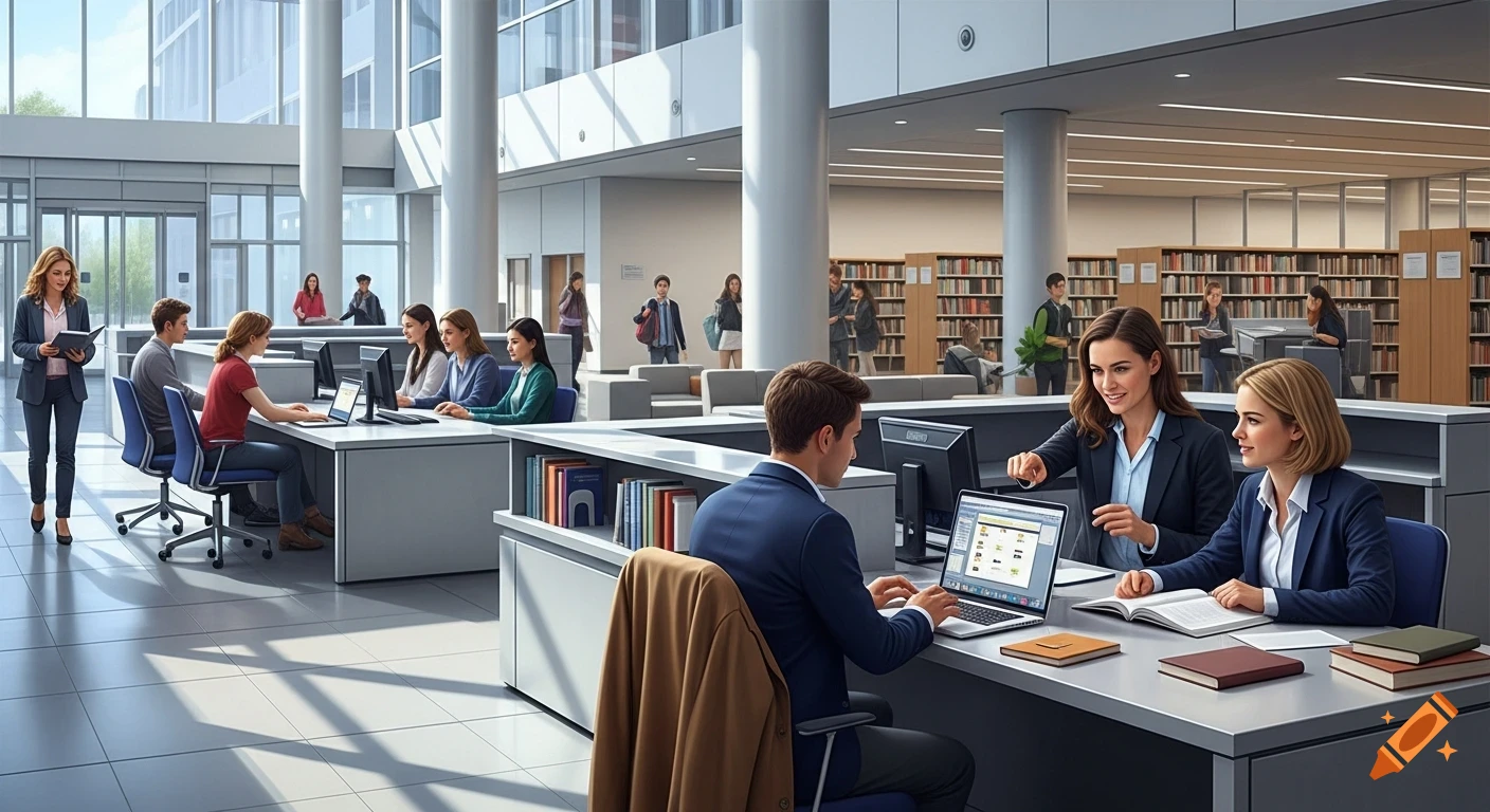 A busy, modern university library lobby with people working at desks and walking around. A librarian helps two users at an information desk.