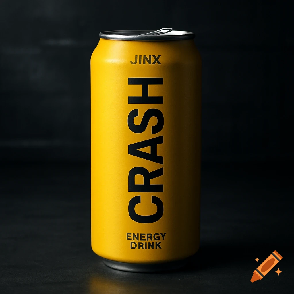 A yellow energy drink can with 'CRASH' written vertically in black, and 'JINX' and 'ENERGY DRINK' visible on a dark background.
