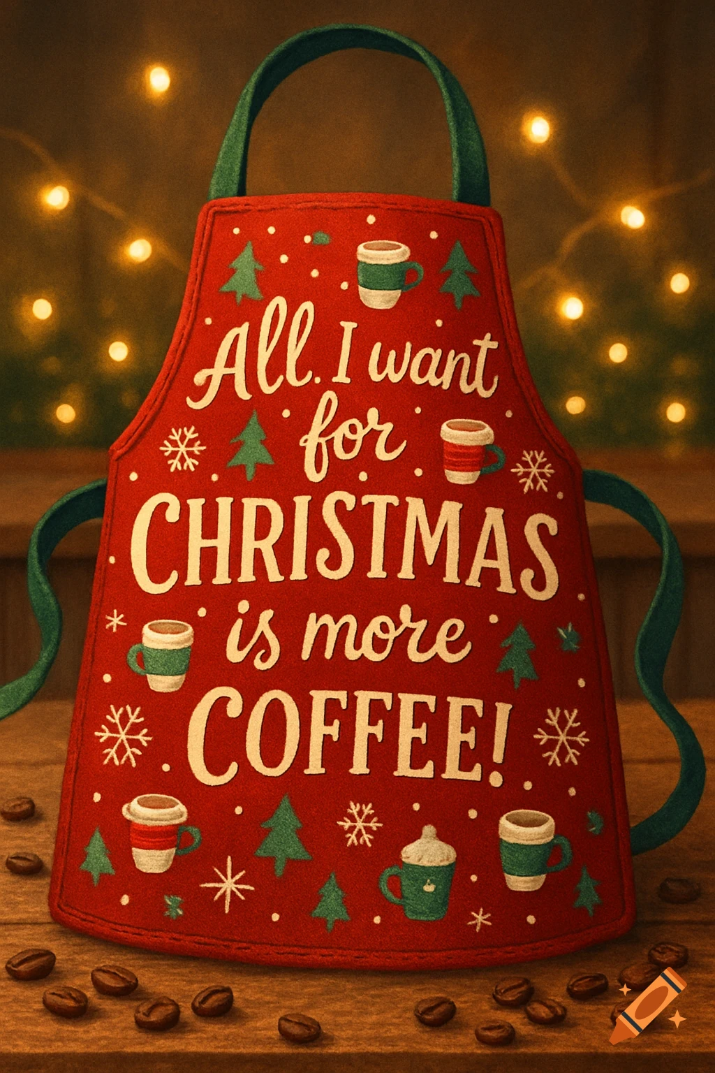 A red Christmas apron with green straps, decorated with small Christmas trees and coffee cups. The apron reads "All I want for Christmas is more COFFEE!" Coffee beans are scattered on a wooden surface below, with warm bokeh lights in the background.