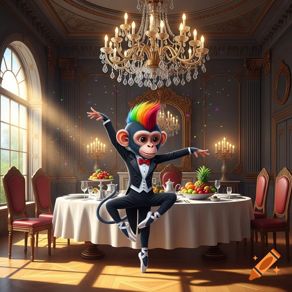 A cartoon monkey with a rainbow mohawk, wearing a tuxedo and ballet shoes, dances en pointe in a luxurious dining room with a chandelier.