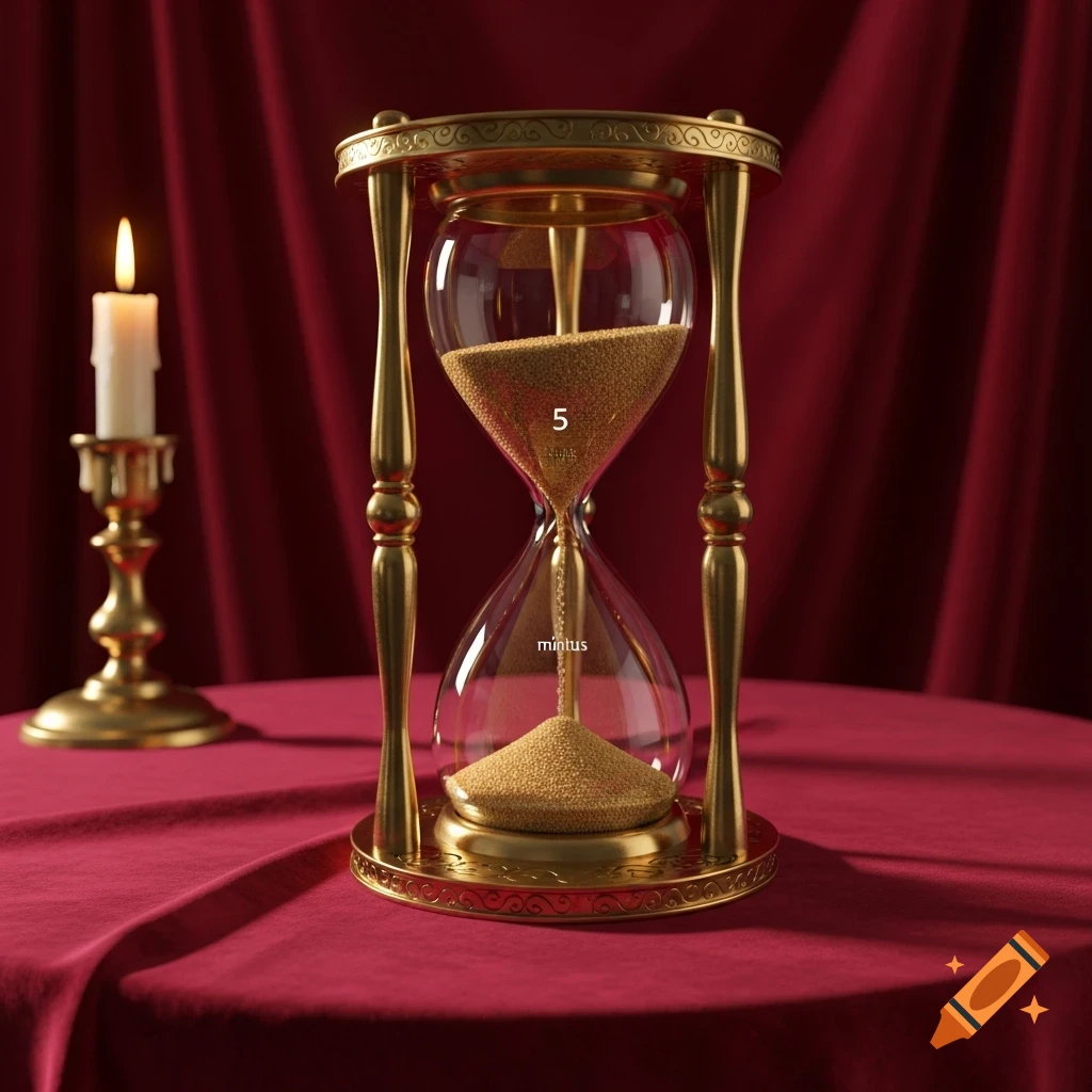 A fancy gold hourglass with sand and the number 5, next to a lit candle, on a red draped table against a red velvet background.