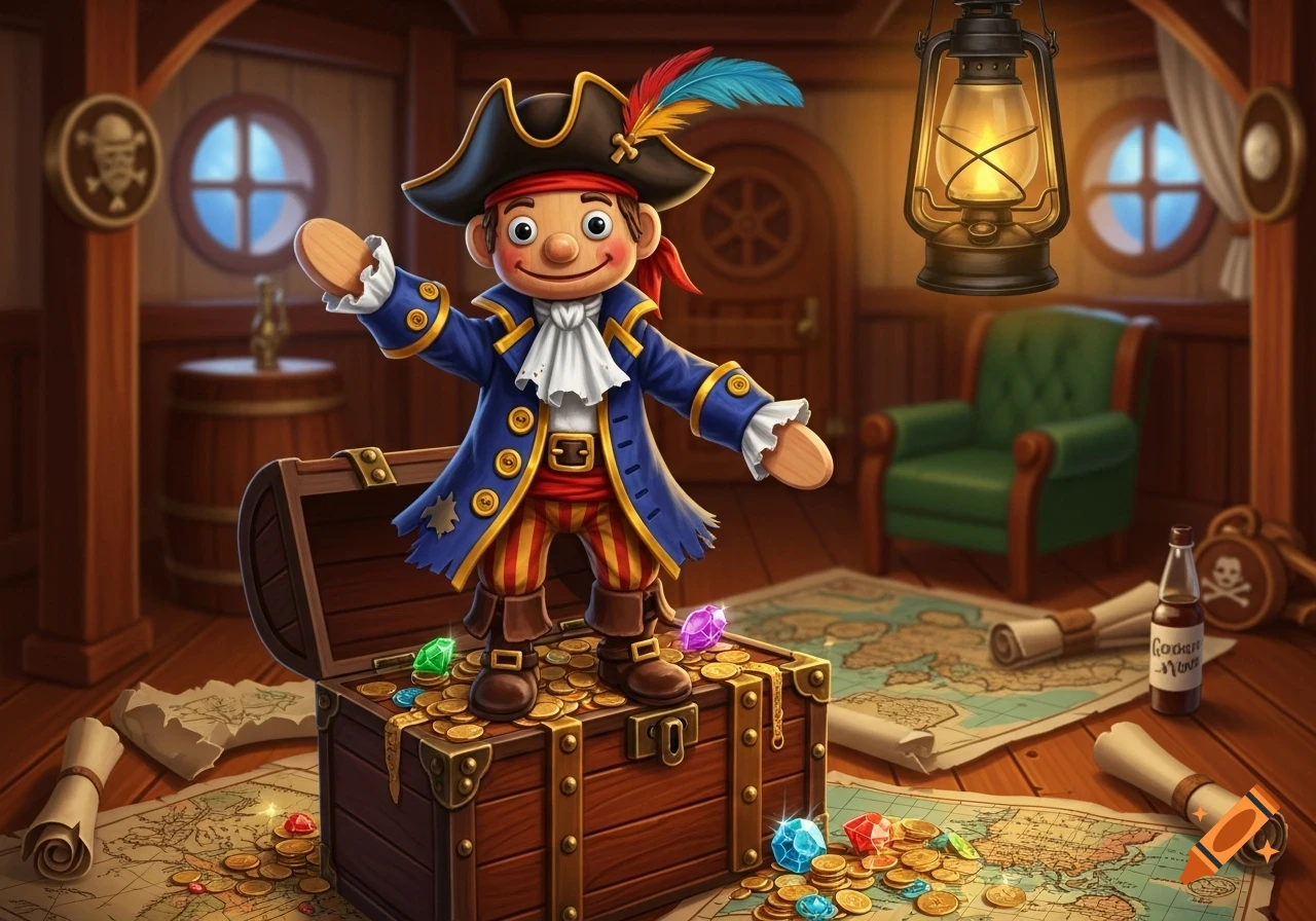 A cartoon pirate puppet stands on a treasure chest filled with gold coins and jewels, inside a pirate ship cabin with maps and a lantern.
