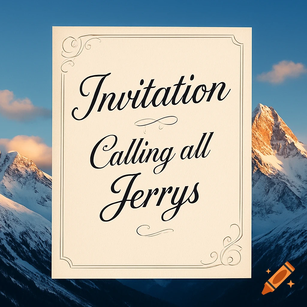 A formal invitation card reads "Invitation Calling all Jerrys" set against a backdrop of majestic snowy mountains under a blue sky.