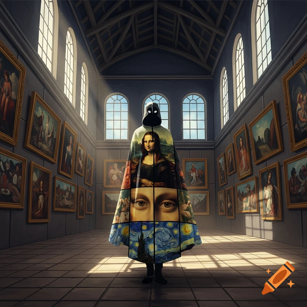 A hooded figure stands in an art gallery, their cloak displaying sections of famous paintings like the Mona Lisa and Starry Night.