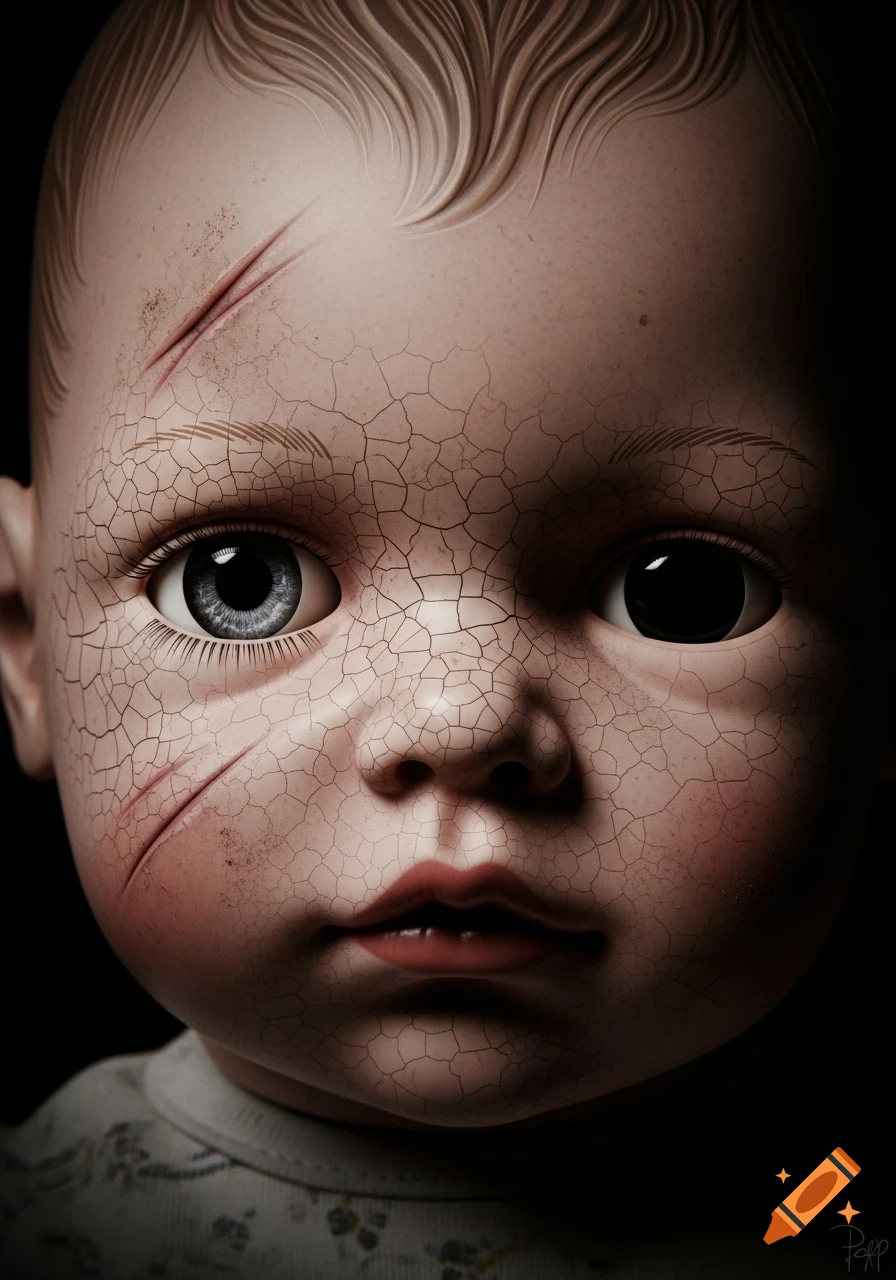 Close-up of a creepy, cracked baby doll with scratches, one dark eye and one blue eye, against a dark background.