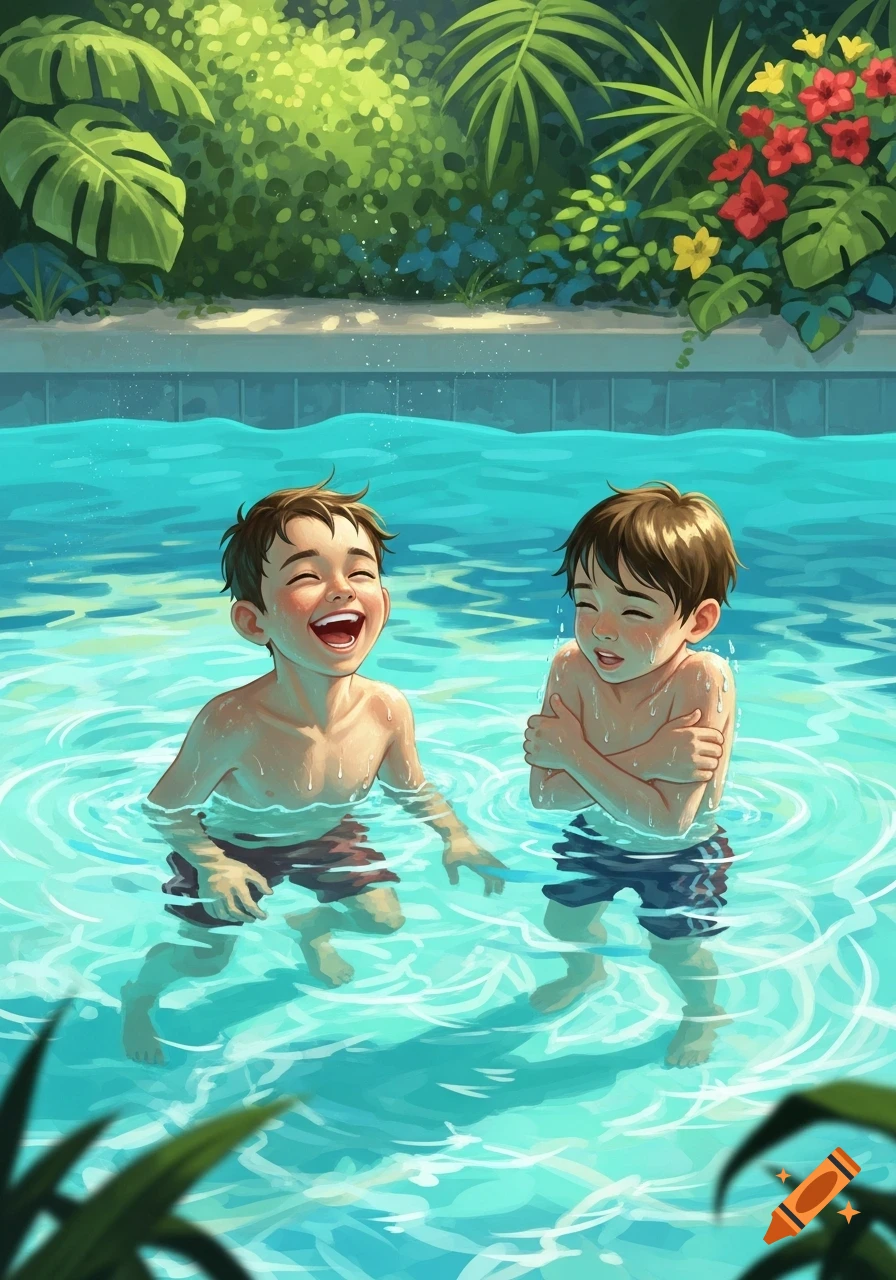 Two happy boys swimming in a sunlit pool with lush tropical plants in the background, illustrated in a cheerful style.