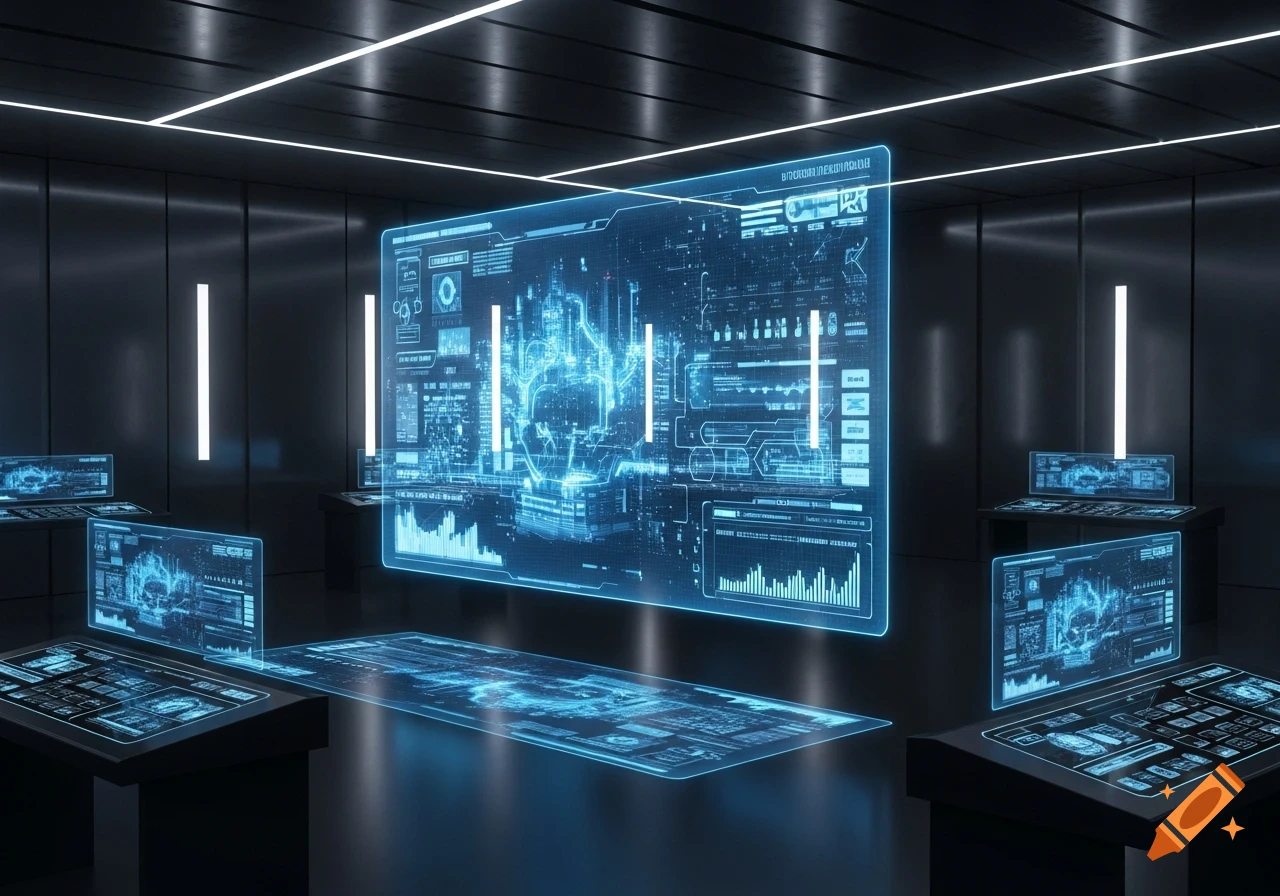 A dark futuristic room with multiple glowing blue holographic screens displaying data and interfaces, with a large central screen.