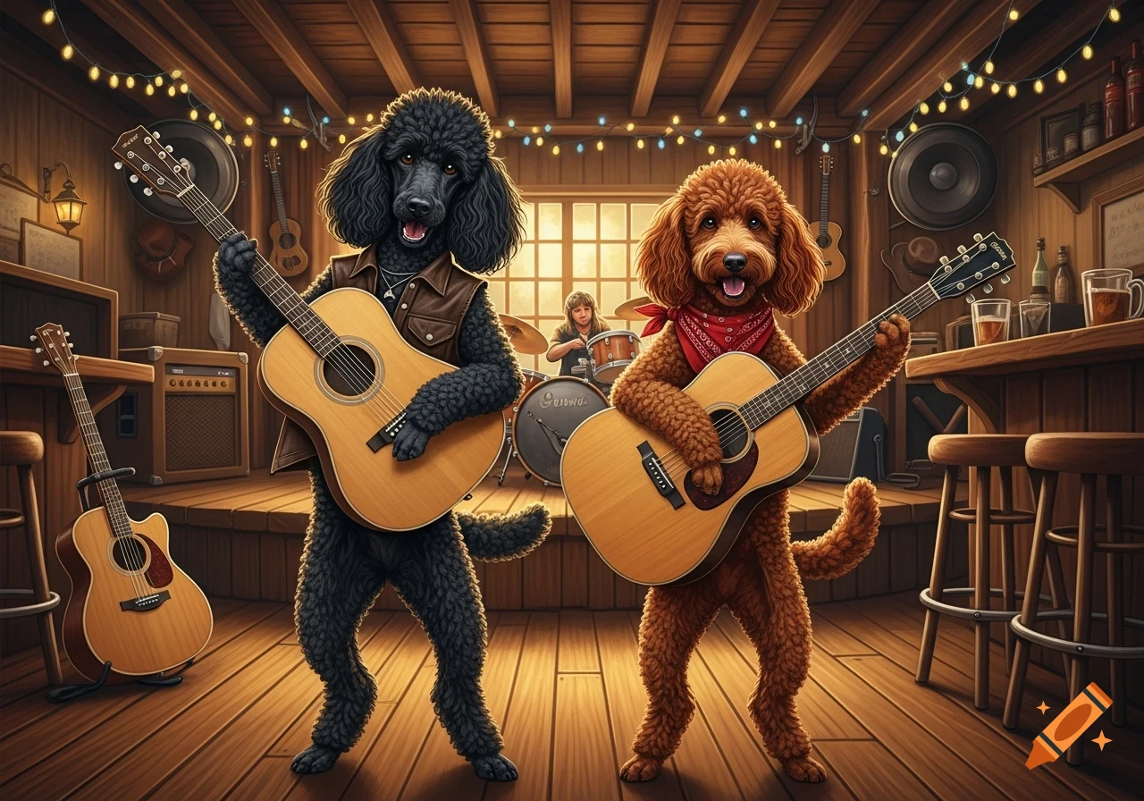 A black poodle and a red poodle play guitars on a stage in a rustic country bar, with a human drummer in the background.