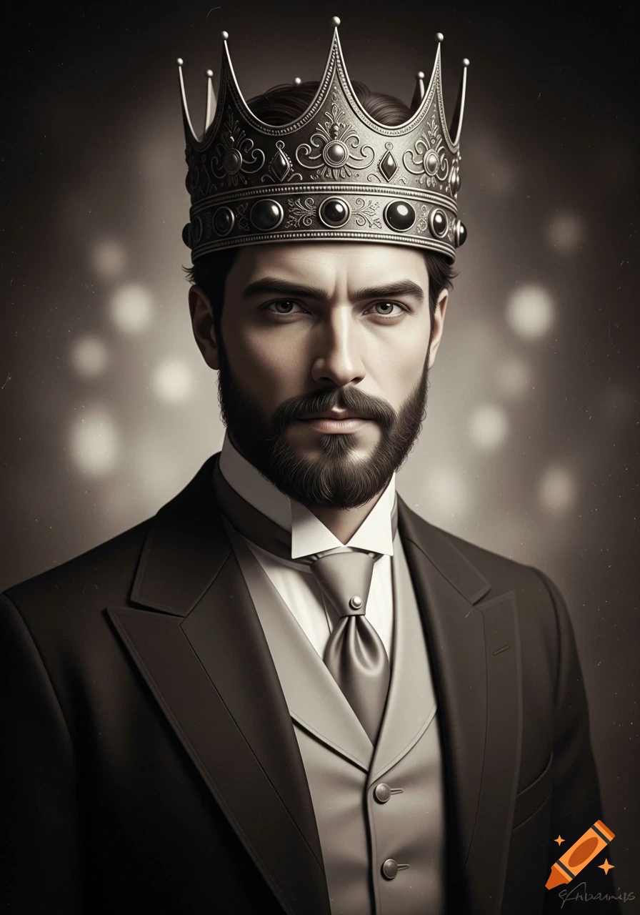 Sepia-toned vintage portrait of a bearded man in a three-piece suit wearing an ornate crown.
