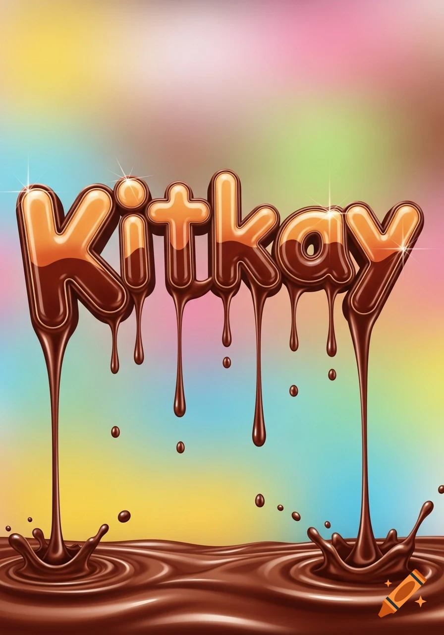 Stylized word 'Kitkay' made of dripping chocolate letters splashes into a chocolate pool against a colorful background.