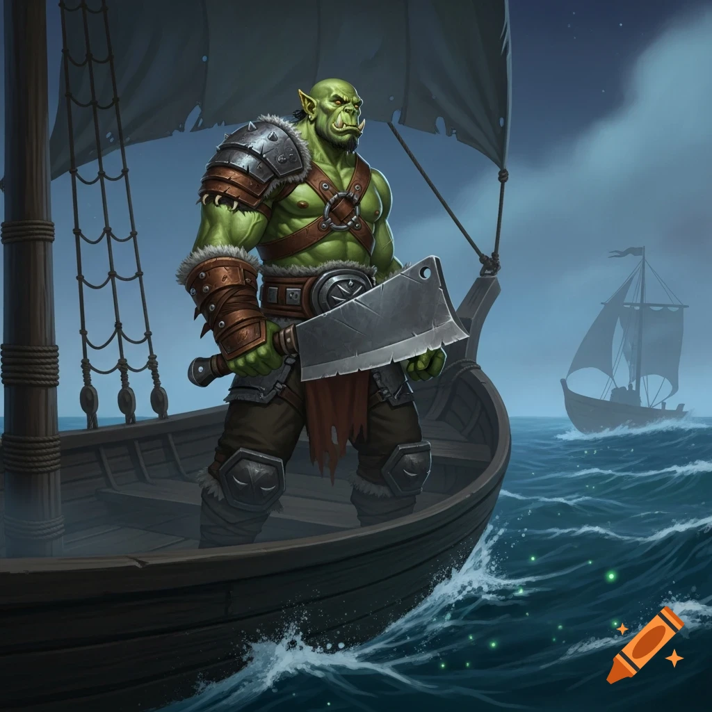 A muscular green orc with tusks and spiked armor holds an enormous cleaver while standing on a boat in choppy waters under a cloudy sky, another boat in the distance, digital art.