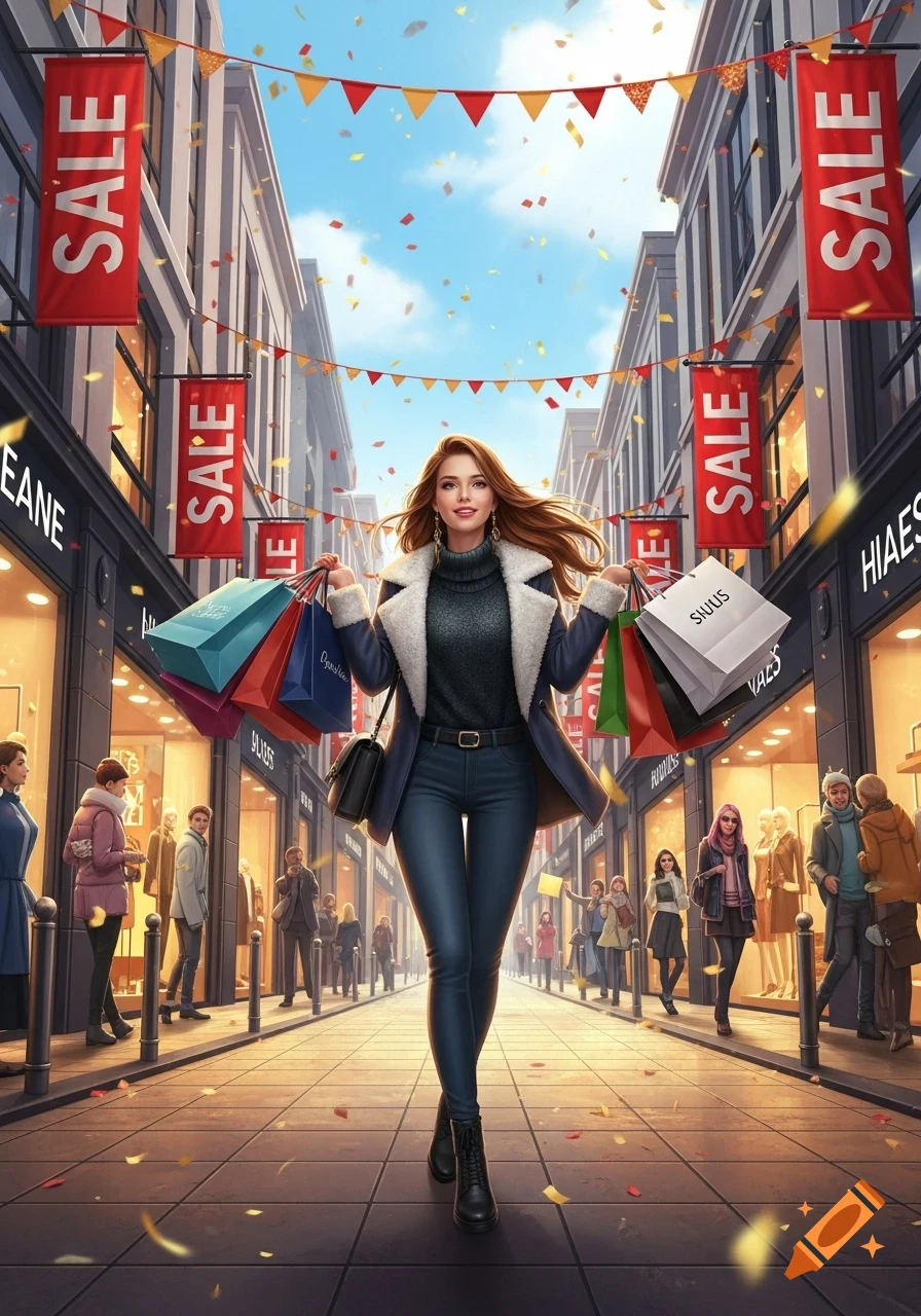A young woman with long hair smiles, carrying multiple colorful shopping bags while walking down a city street lined with stores under "SALE" banners and falling confetti.