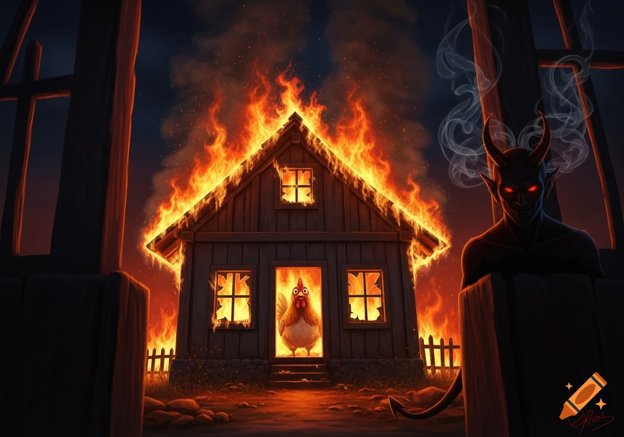 A stylized image of a house engulfed in flames, with a surprised chicken in the doorway and a smirking devil nearby.