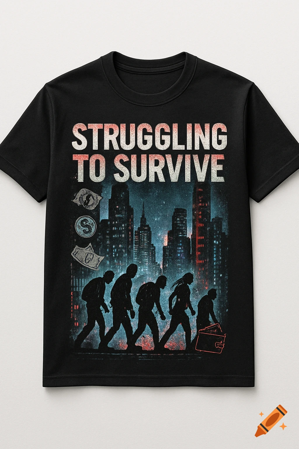A black t-shirt with 'STRUGGLING TO SURVIVE' text, silhouettes of people walking in front of a city skyline, and money icons.