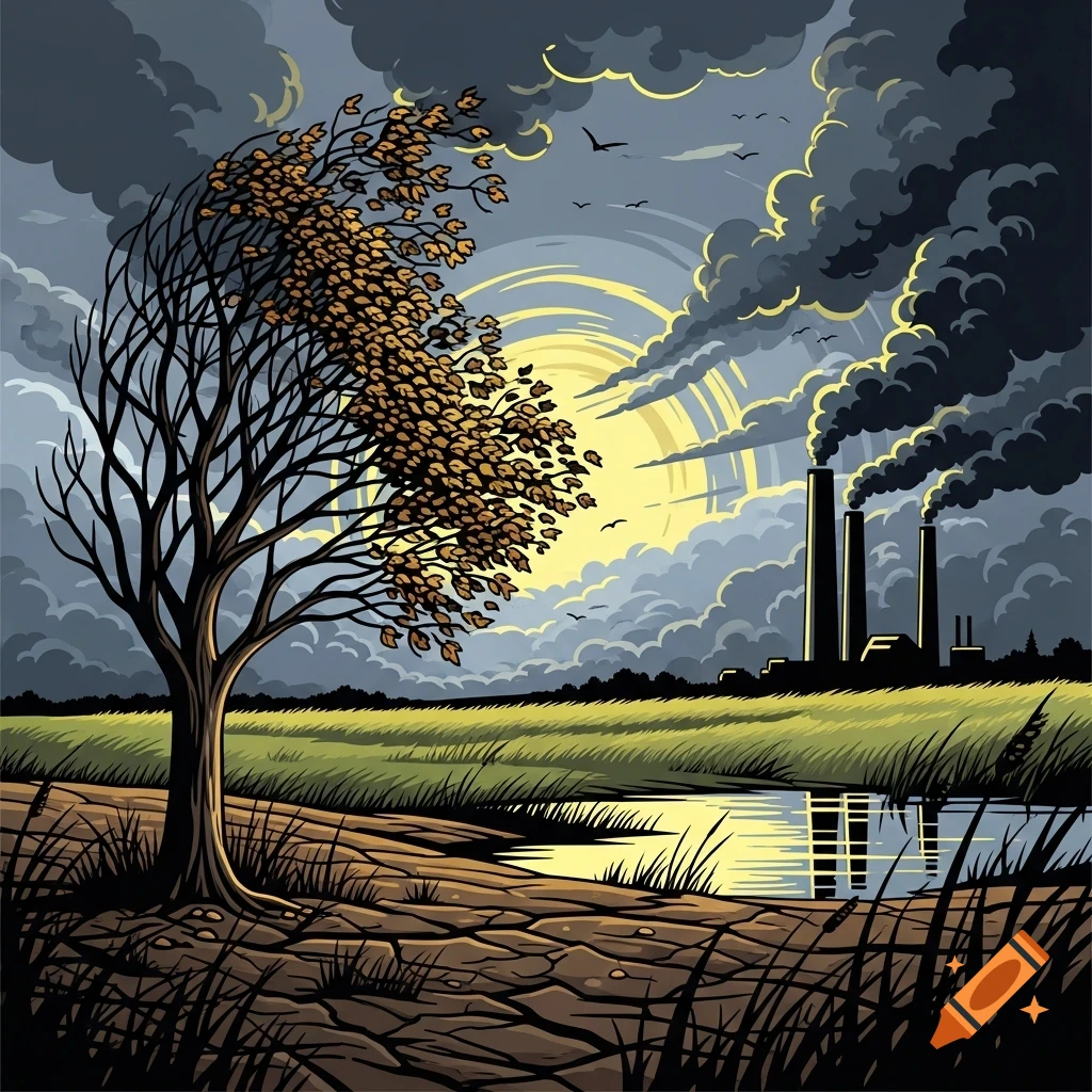 An illustrated landscape showing industrial smokestacks emitting heavy dark smoke into a cloudy sky over a field, with a half-bare tree by a river in the foreground, depicting environmental pollution.