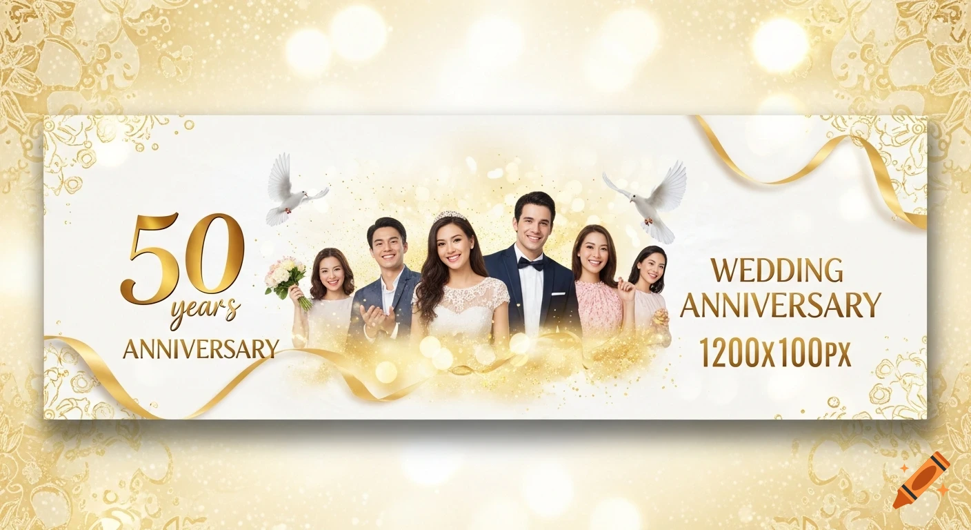 Gold-themed banner for a 50th wedding anniversary featuring a group of smiling people, doves, and golden ribbons.