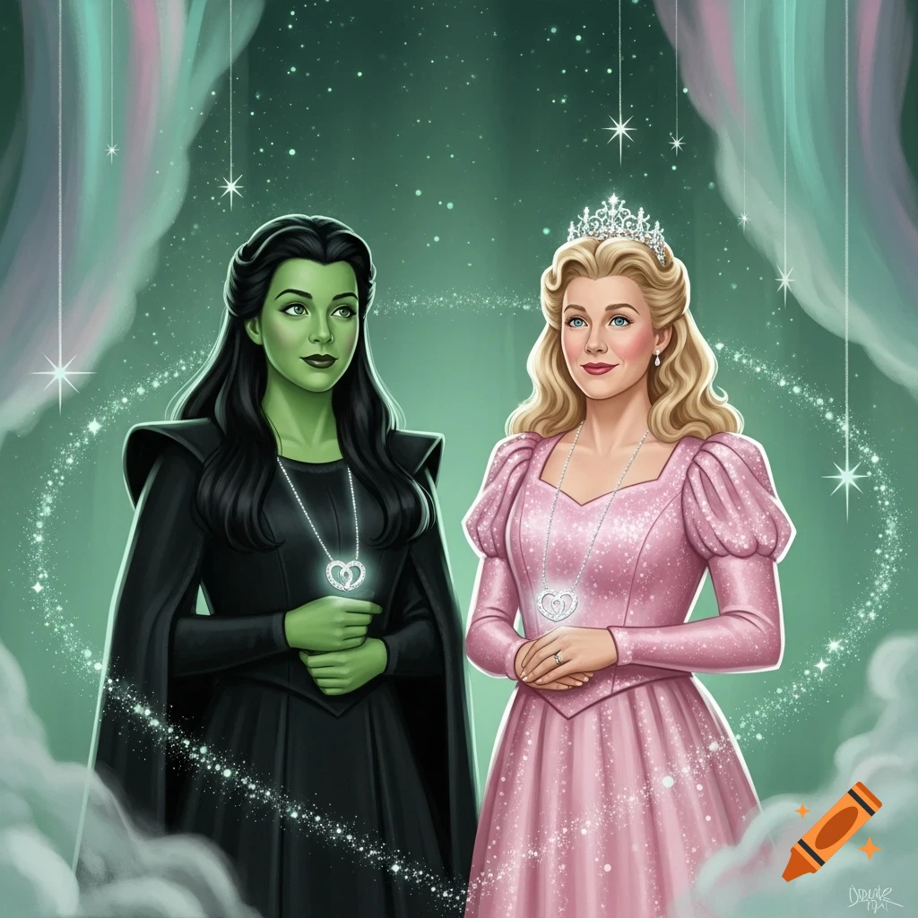 Illustration of Elphaba and Glinda from Wicked, wearing heart-shaped BFF necklaces, surrounded by magical green sparkles.