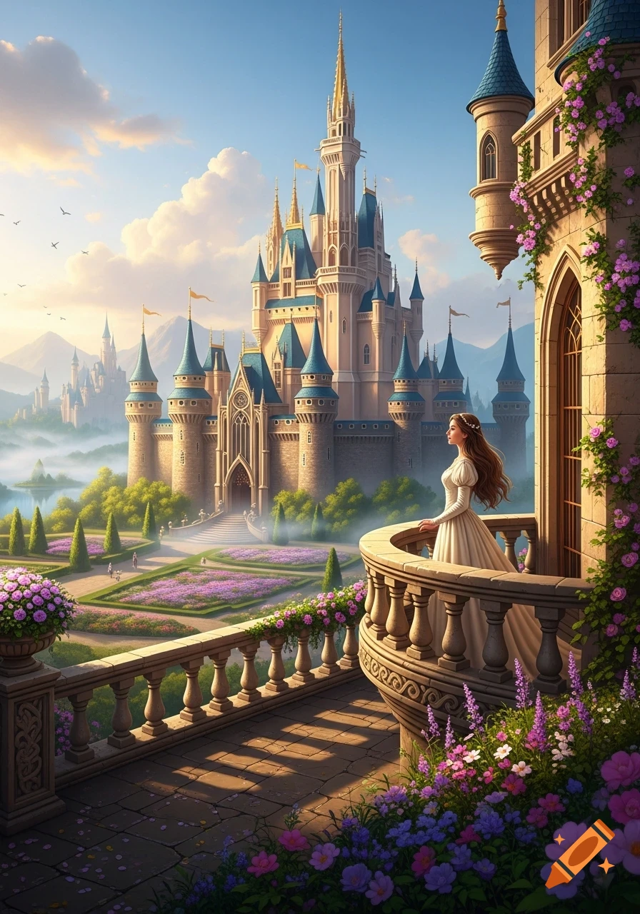 A princess stands on a balcony overlooking a majestic fairy tale castle, surrounded by lush gardens and distant mountains under a bright sky.