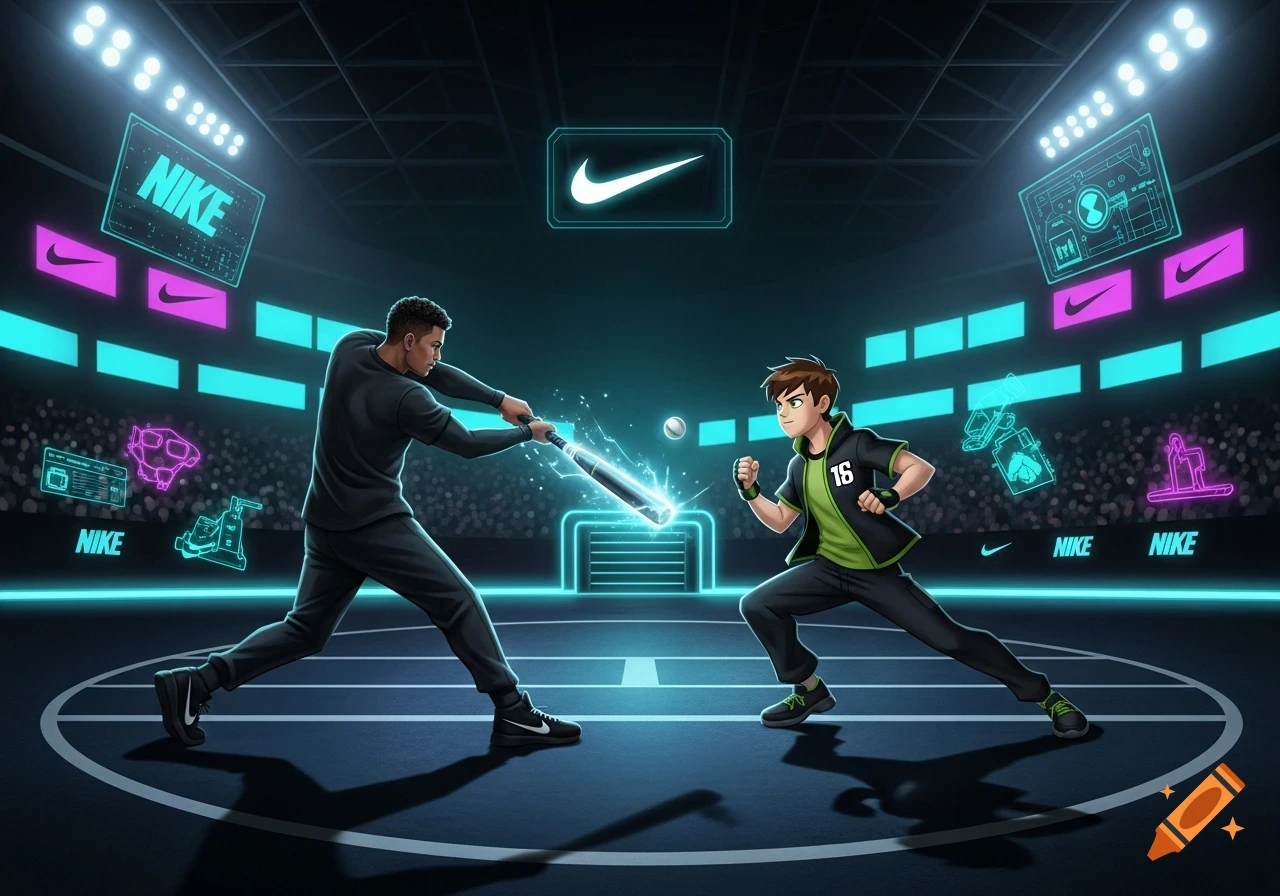 A man in black swinging a glowing baseball bat at Ben 10 in a futuristic Nike arena.