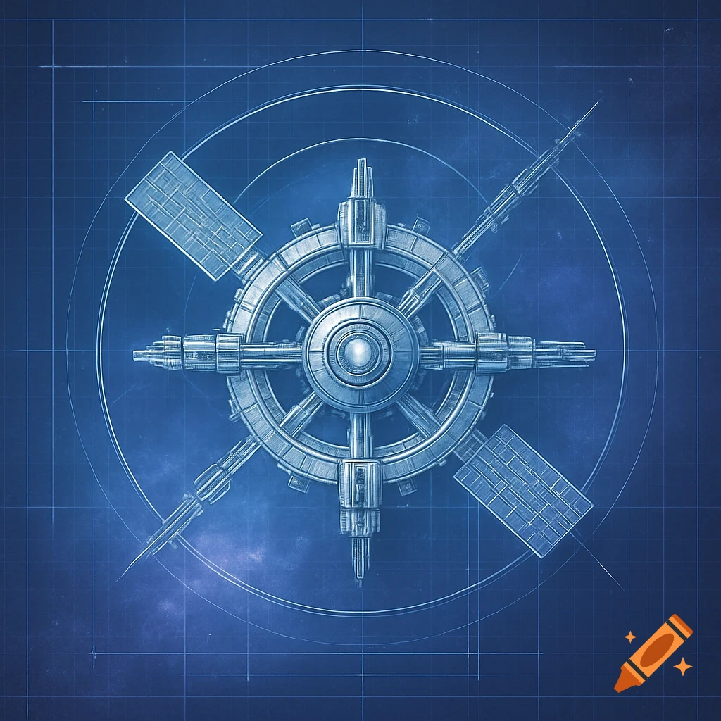 A detailed blueprint of a complex, circular space station with multiple modules, rendered in blue tones on a grid background.