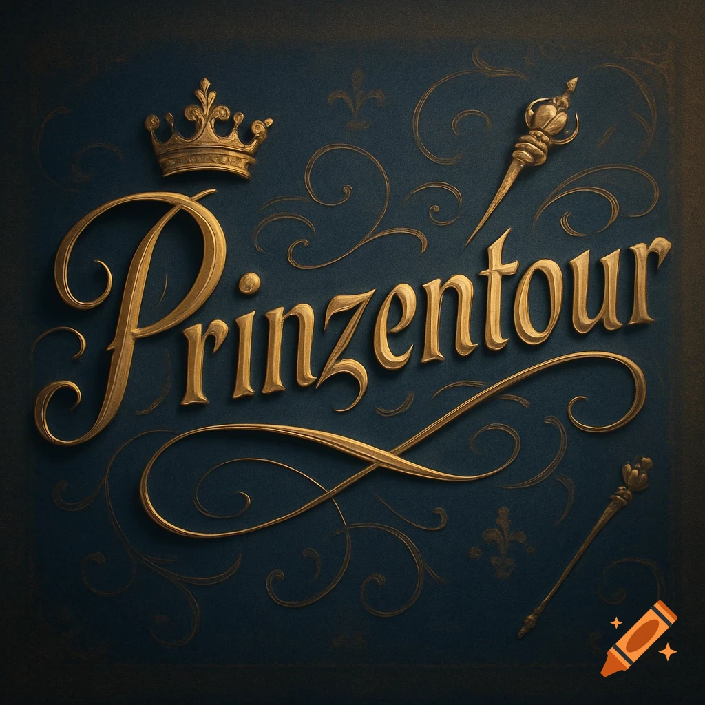 Ornate golden 'Prinzentour' lettering with a crown and flourishes on a dark blue background.