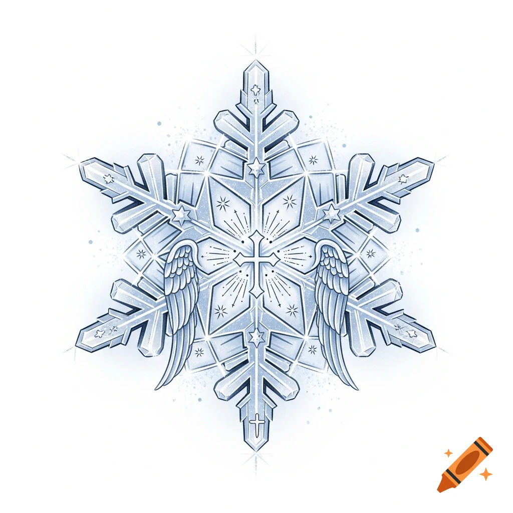 Detailed icy blue snowflake tattoo design with angel wings and crosses on a white background.