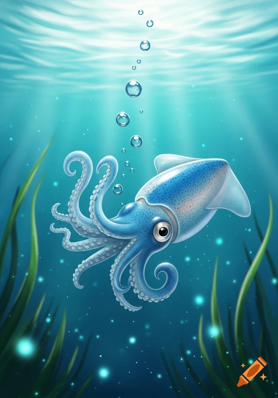A cute, cartoon-style blue squid with large eyes swims underwater with bubbles and green plants.