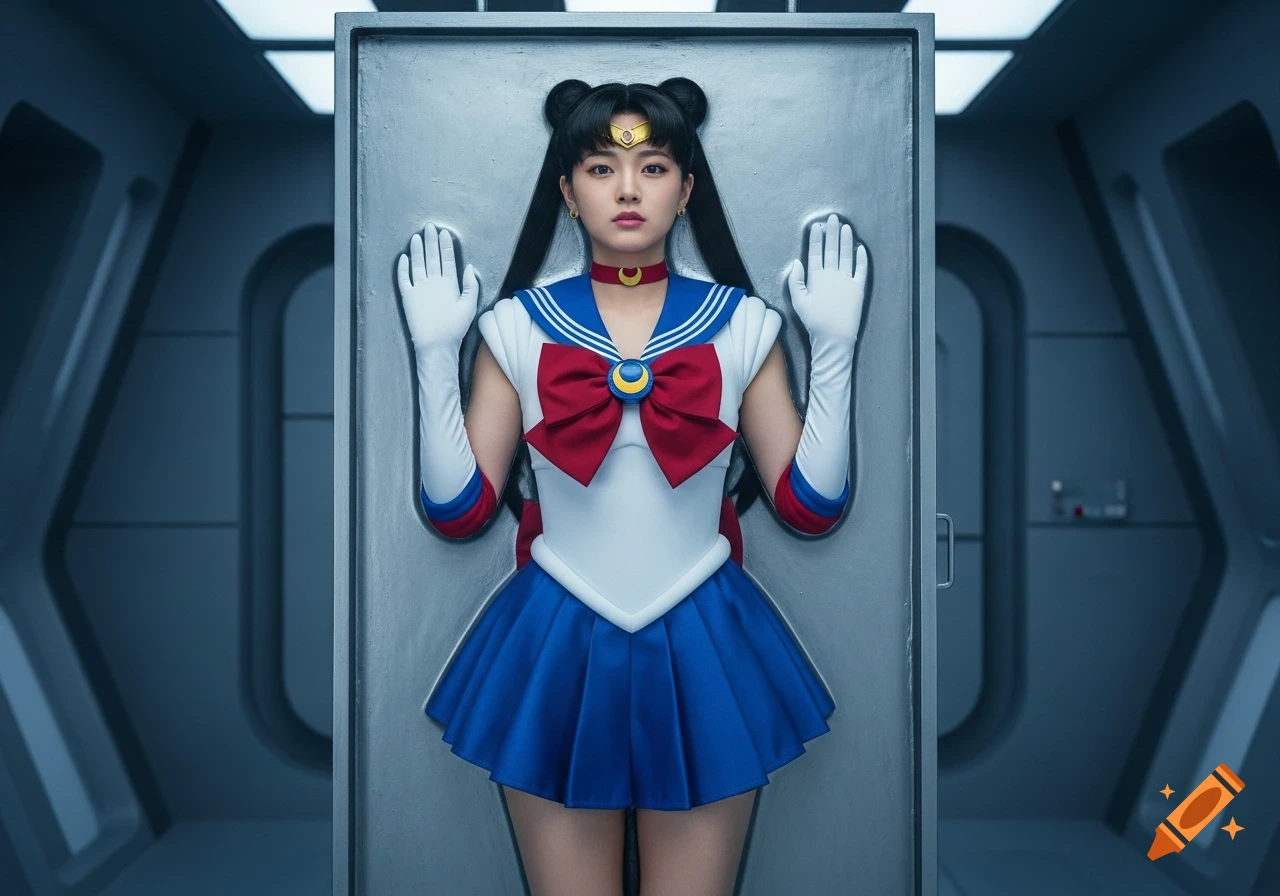 A Japanese woman in a Sailor Moon costume is frozen in a carbonite slab within a sci-fi spaceship interior.