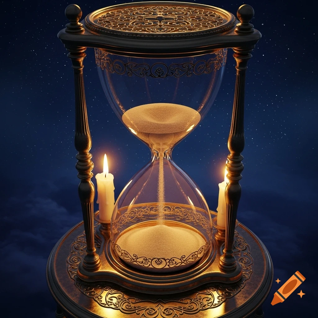 An ornate golden hourglass with sand falling, flanked by two lit candles, against a starry night sky.