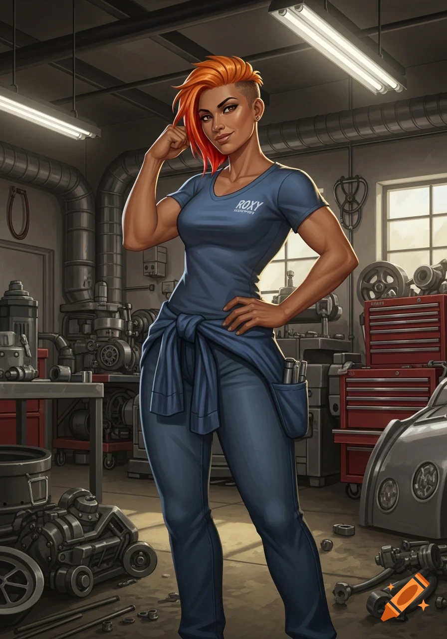 An illustrated confident woman with orange hair, wearing a blue mechanic's uniform, poses in a garage workshop.